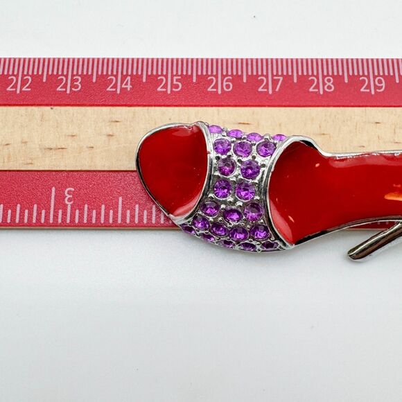 Vintage Red Hat Society Brooch – Rhinestone High Heel Pin Purple & Red Glam - Picture 7 of 7
